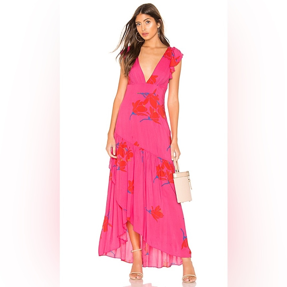 Free People Pink Floral Ruffled V-Neck Maxi Dress